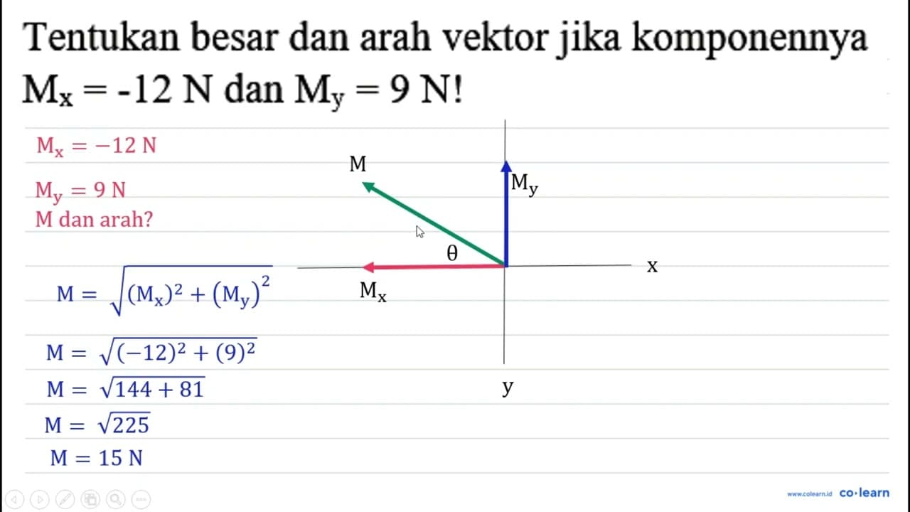 Tentukan besar dan arah vektor jika komponennya M_(x)=-12 N