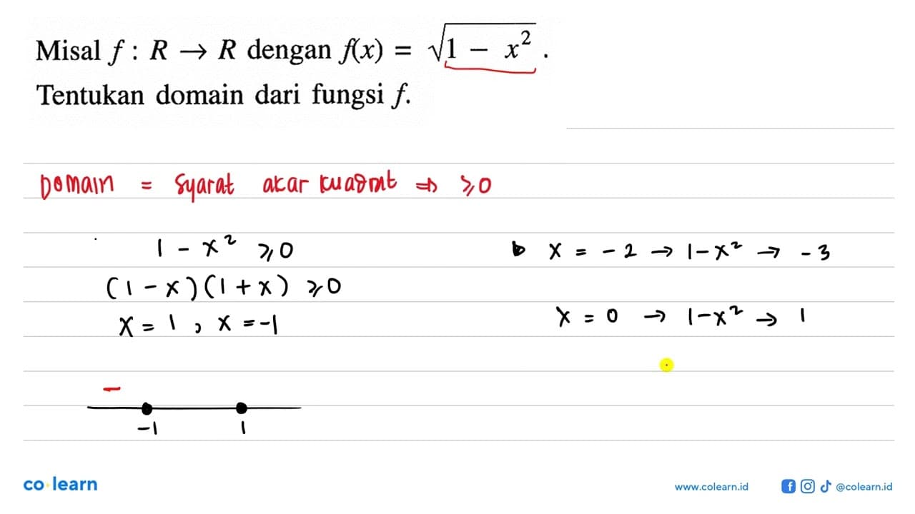 Misal f: R->R dengan f(x)=akar(1-x^2). Tentukan domain dari