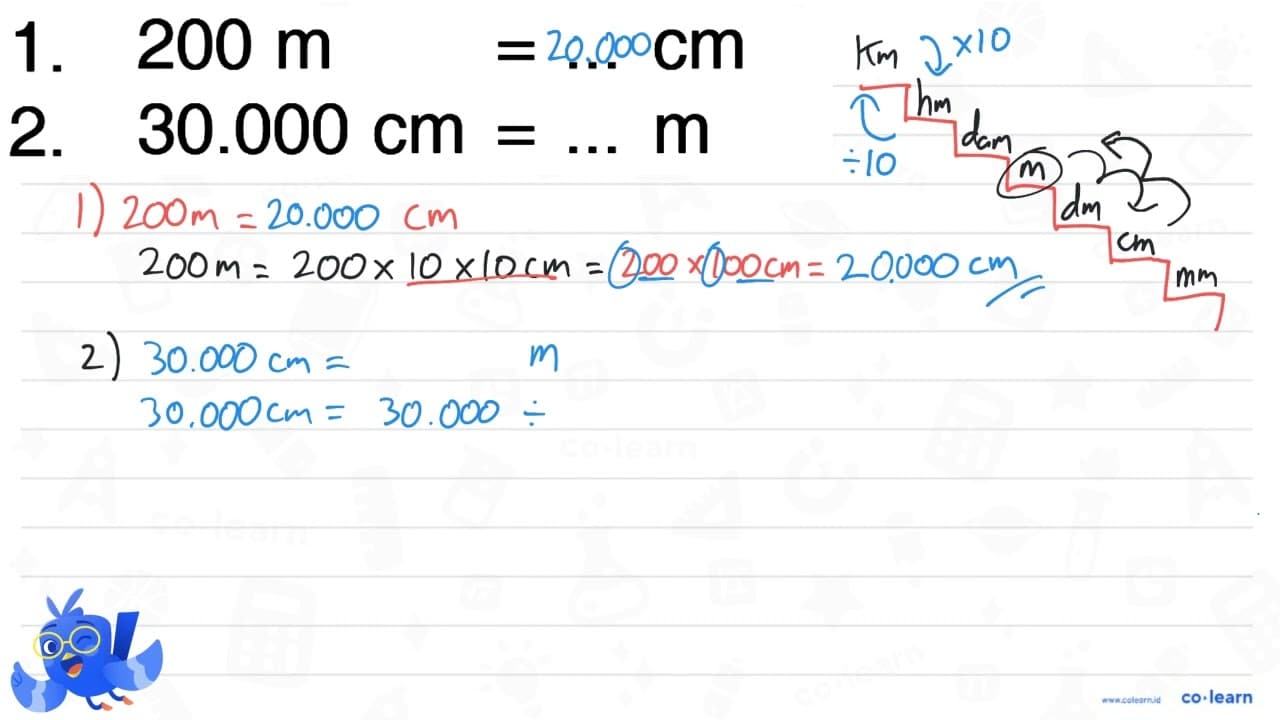 1. 200 m = ... cm 2. 30.000 cm = ... m