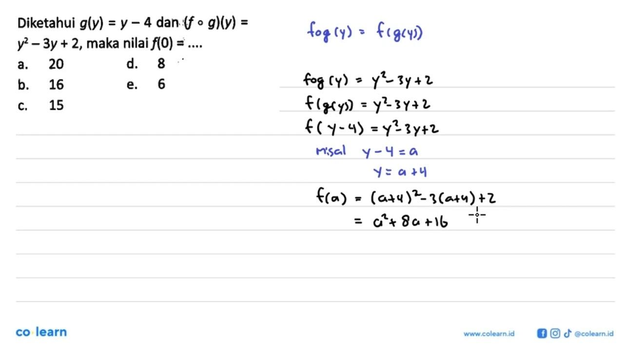 Diketahui g(y)=y-4 dan (fog)(y)=y^2-3y+2, maka nilai