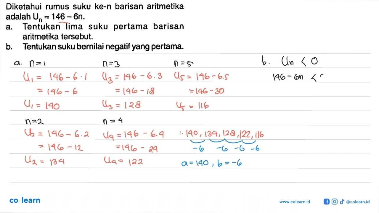 Diketahui rumus suku ke-n barisan aritmetika adalah