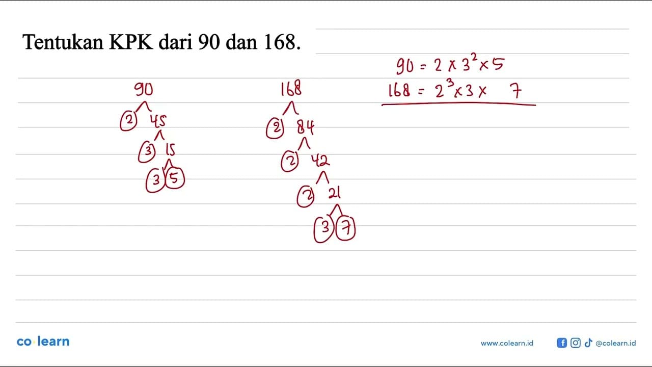 Tentukan KPK dari 90 dan 168.