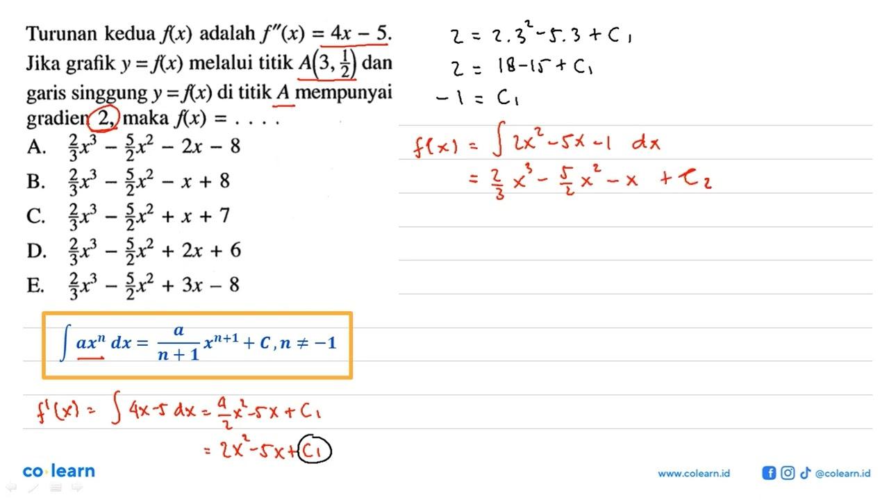 Turunan kedua f(x) adalah f''(x)=4x-5 Jika grafik y=f(x)