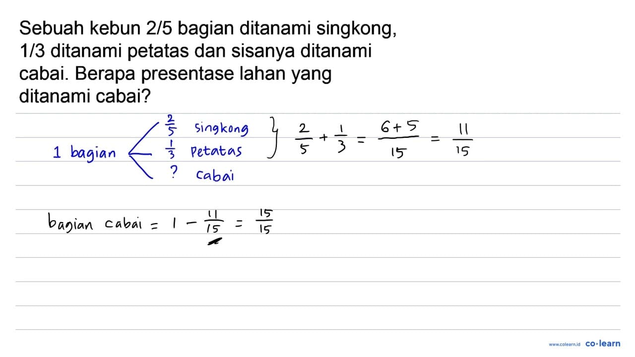 Sebuah kebun 2 / 5 bagian ditanami singkong, 1 / 3 ditanami