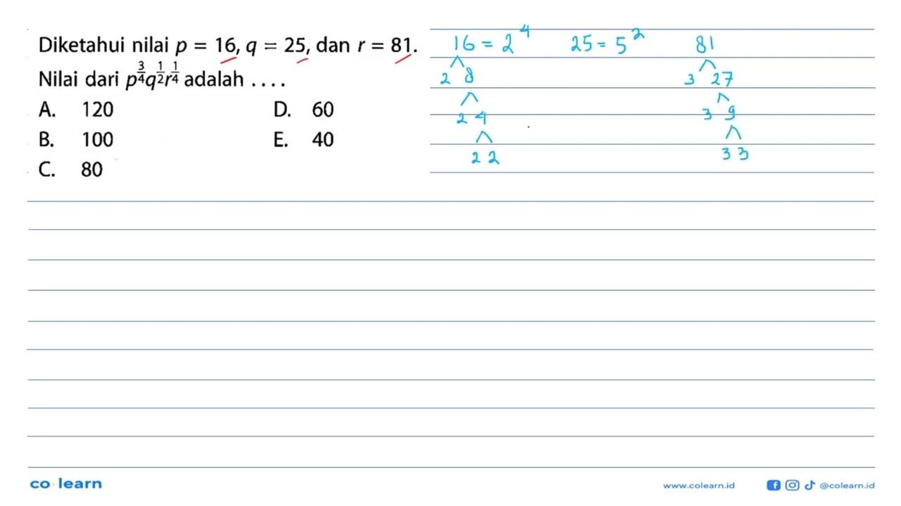 Diketahui nilai p=16, q=25, dan r=81. Nilai dari p^(3/4)