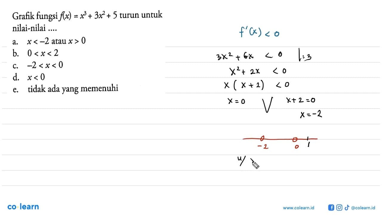 Grafik fungsi f(x)=x^3+3x^2+5 turun untuk nilai-nilai ....