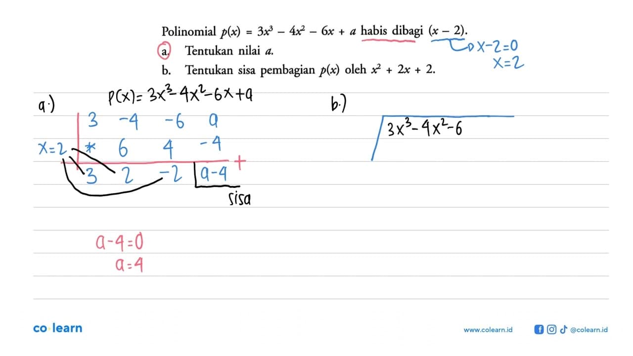 Polinomial p(x)=3x^3-4x^2-6x+a habis dibagi (x-2). a.