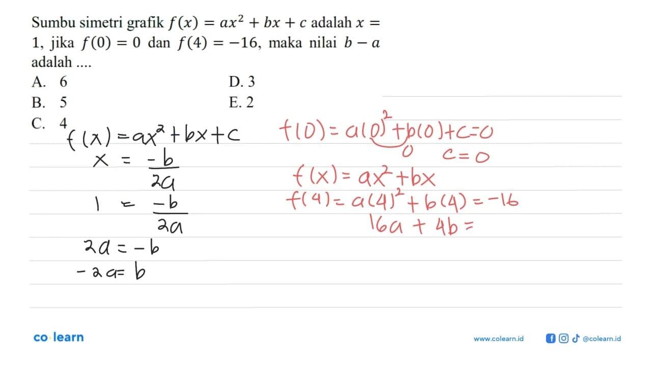 Sumbu simetri grafik f(x) = ax^2 + bx + c adalah x = 1,