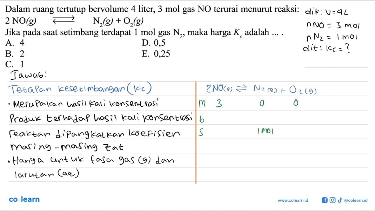 Dalam ruang tertutup bervolume 4 liter, 3 mol gas NO