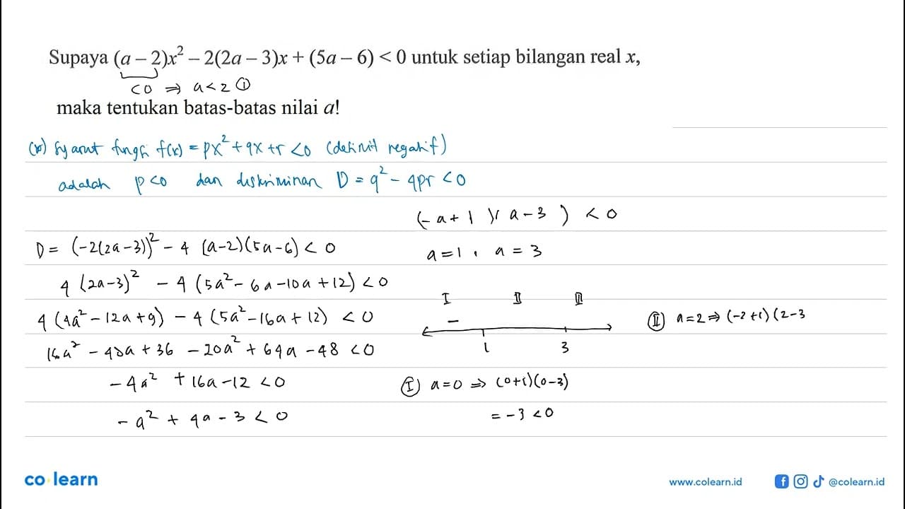 Supaya (a -2)x^2-2(2a-3)x+(5a-6)<0 untuk setiap bilangan