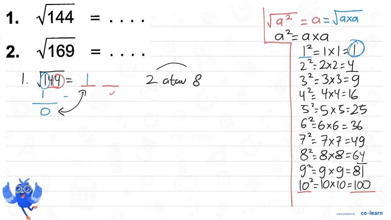 1. akar(144) = .... 2. akar(169) = ...