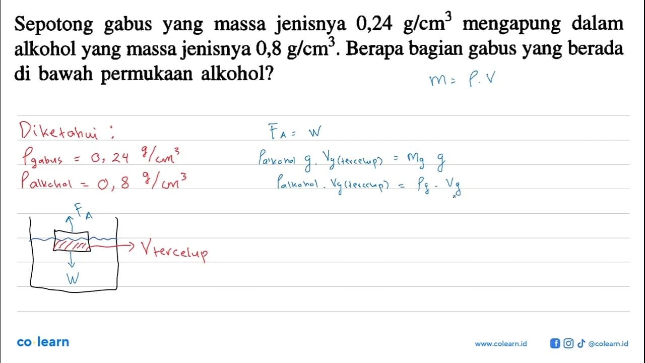 Sepotong gabus yang massa jenisnya 0,24 g/cm^3 mengapung