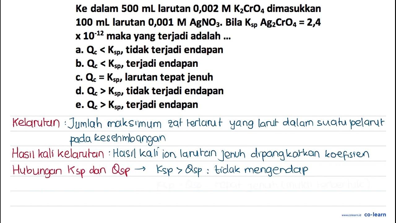 Ke dalam 500 mL larutan 0,002 M K2 CrO4 dimasukkan 100 mL