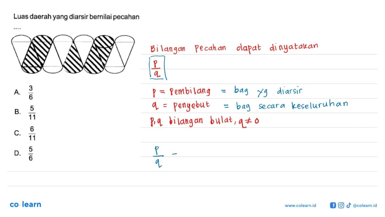 Luas daerah yang diarsir bernilai pecahan ... a. 3/6 b.