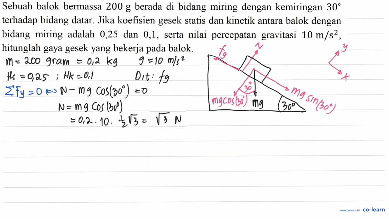 Sebuah balok bermassa 200 g berada di bidang miring dengan