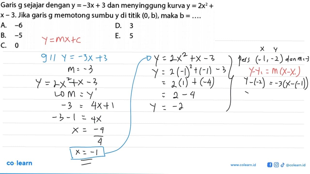 Garis g sejajar dengan y = -3x + 3 dan menyinggung kurva y