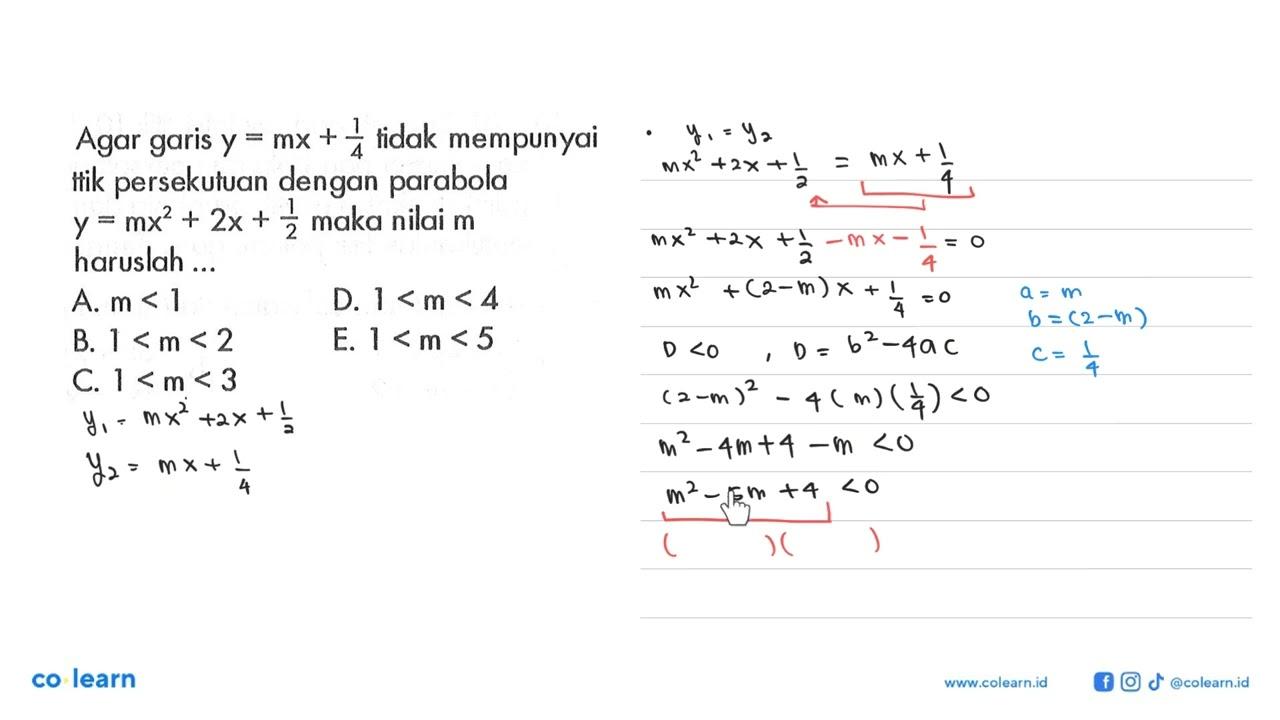 Agar garis y=mx+1/4 tidak mempunyai titik persekutuan