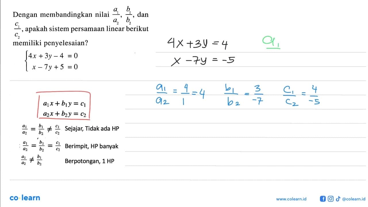 Dengan membandingkan nilai (a1)/(a2), (b1)/(b2), dan