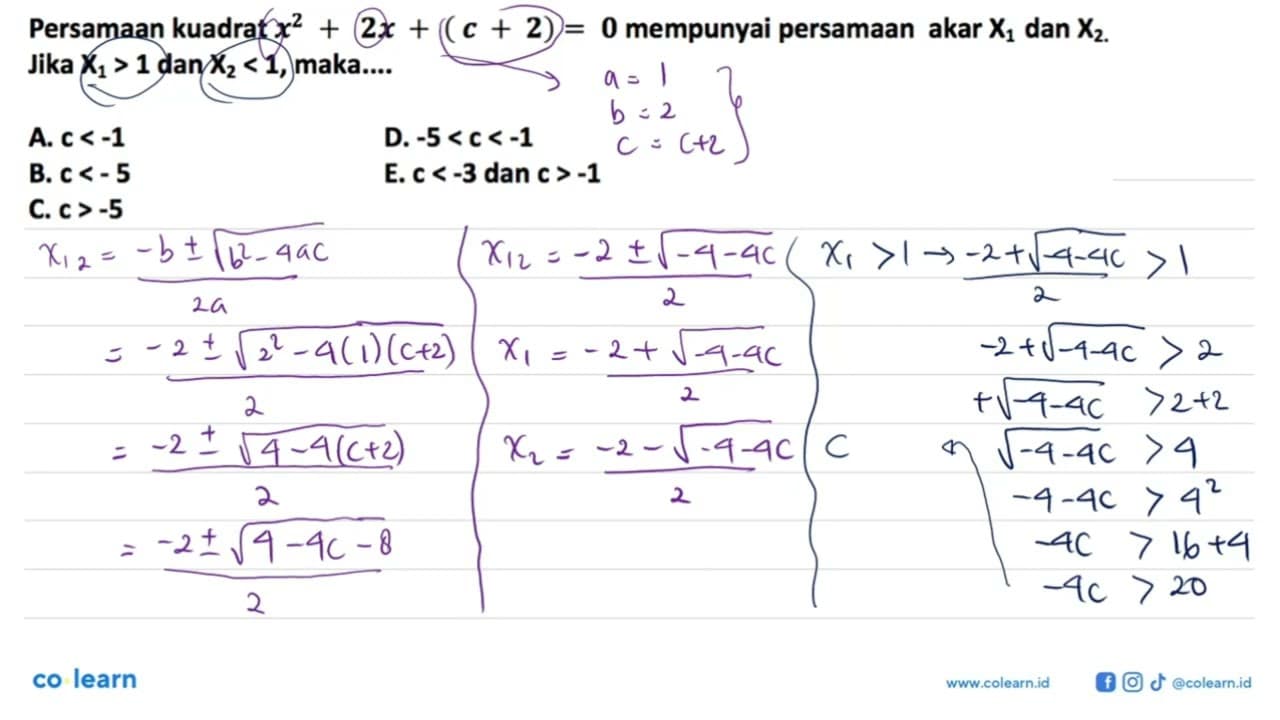 Persamaan kuadrat x^2+2x+(c+2)=0 mempunyai persamaan akar