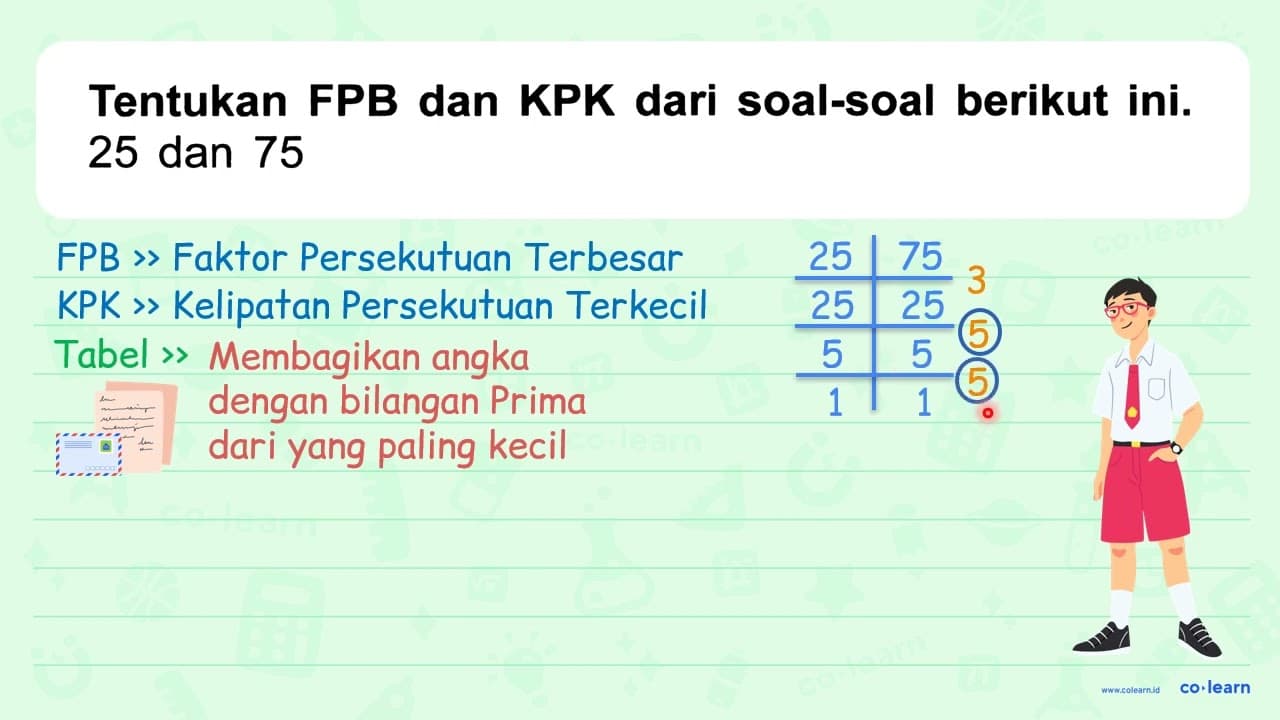 Tentukan FPB dan KPK dari soal-soal berikut ini. 25 dan 75