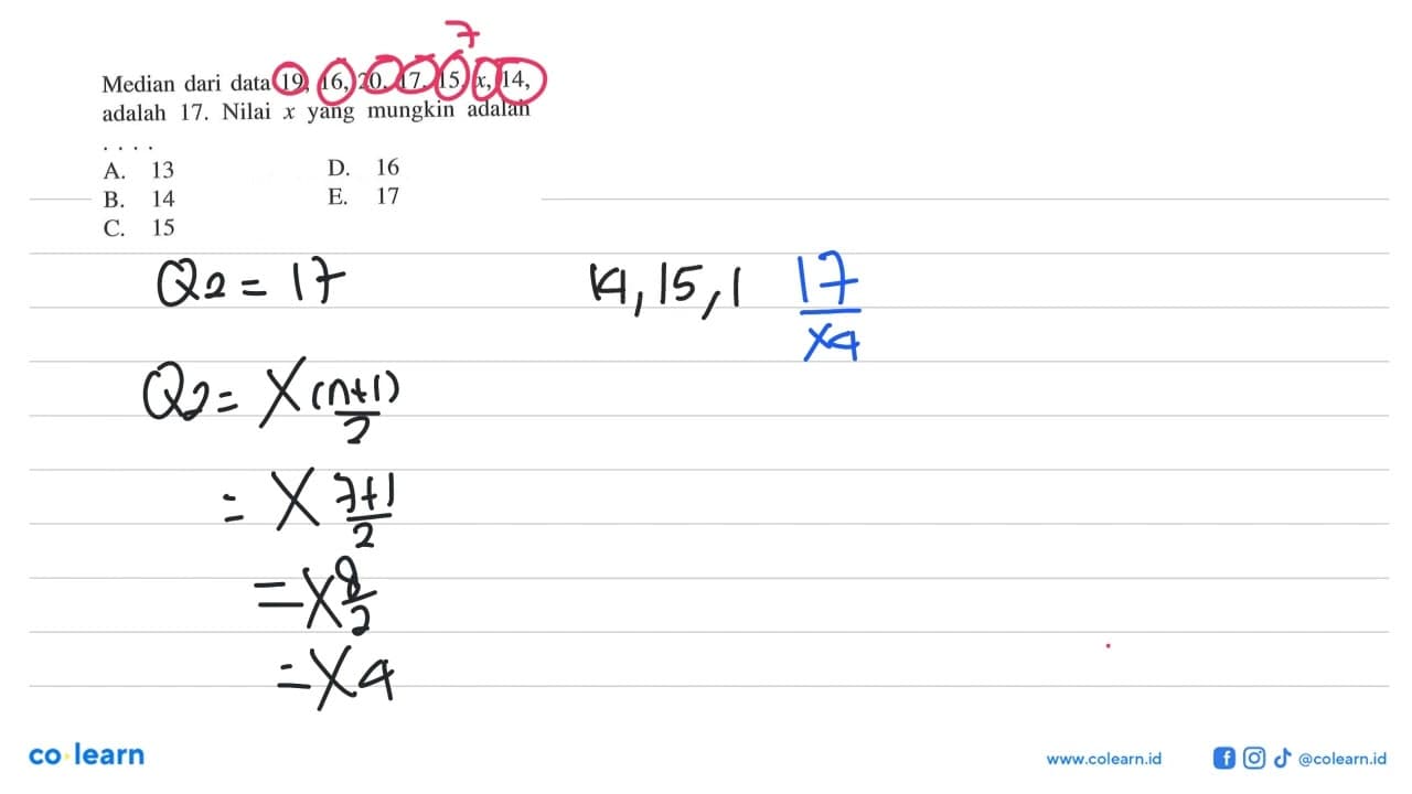 Median dari data 19, 16, 20, 17, 15,x, 14, adalah 17. Nilai