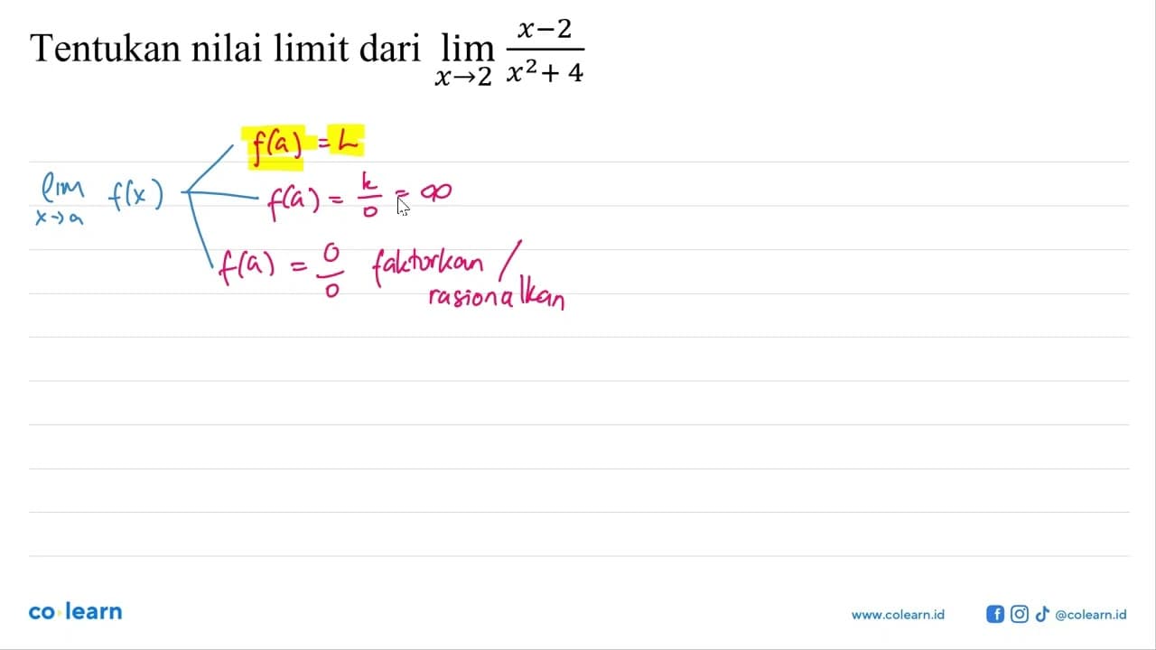 Tentukan nilai limit dari limit x->2 (x-2)/(x^2+4)