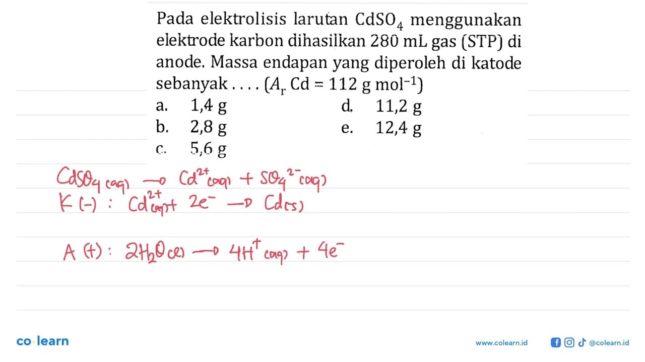 Pada elektrolisis larutan CdSO4 menggunakan elektrode