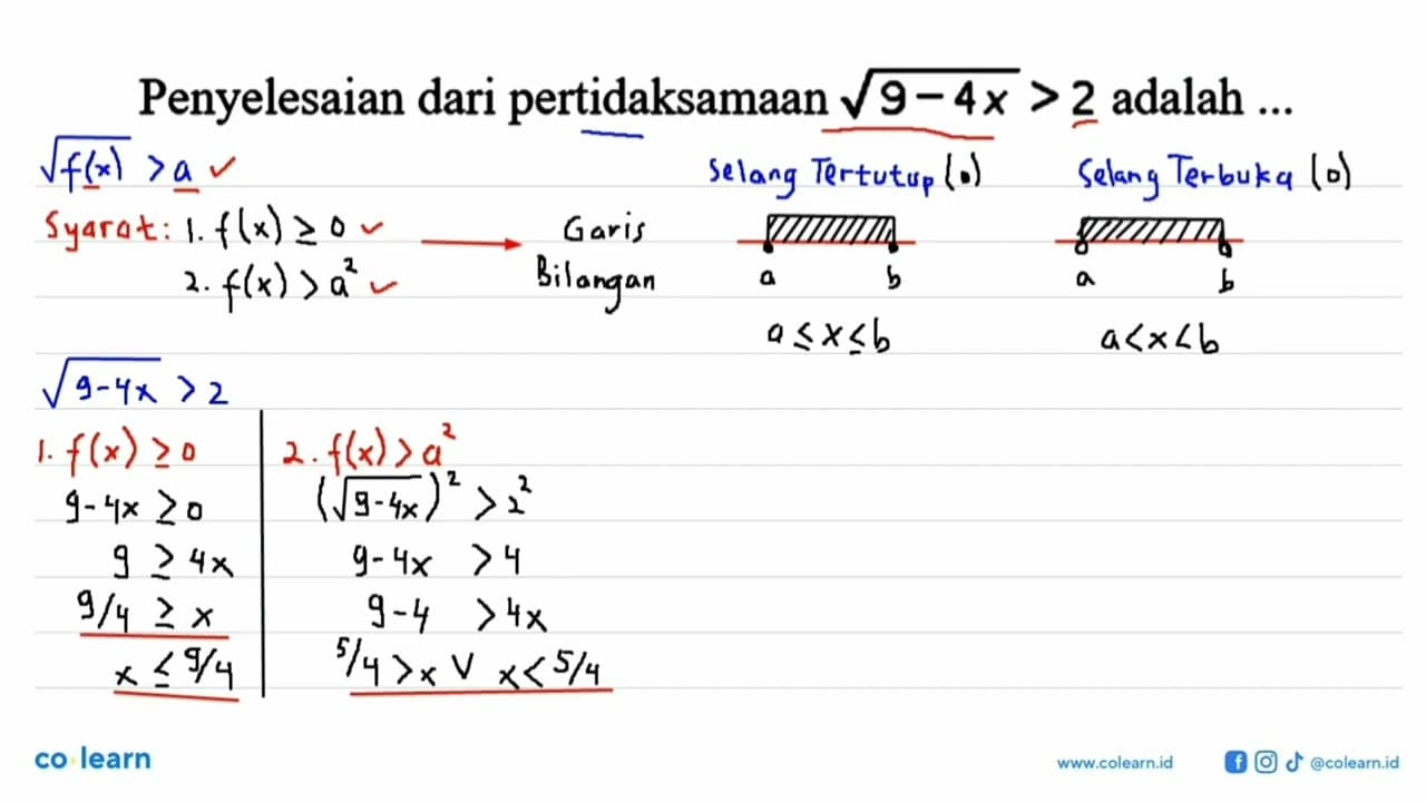 Penyelesaian dari pertidaksamaan akar(9-4x)>2 adalah ...