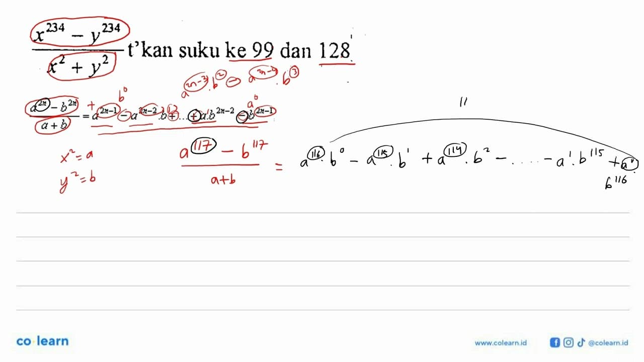 (x^234-y^234)/(x^2+y^2) t kan suku ke 99 dan 128