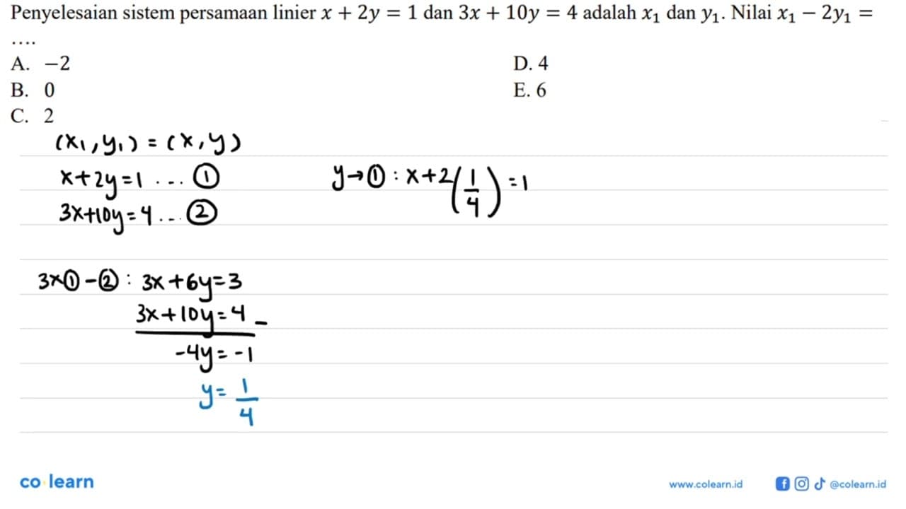 Penyelesaian sistem persamaan linier x+2y=1 dan 3x+10y=4