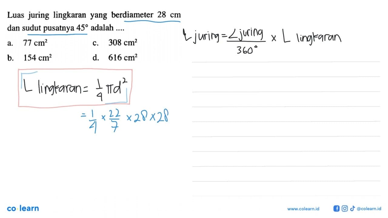 Luas juring lingkaran yang berdiameter 28 cm dan sudut