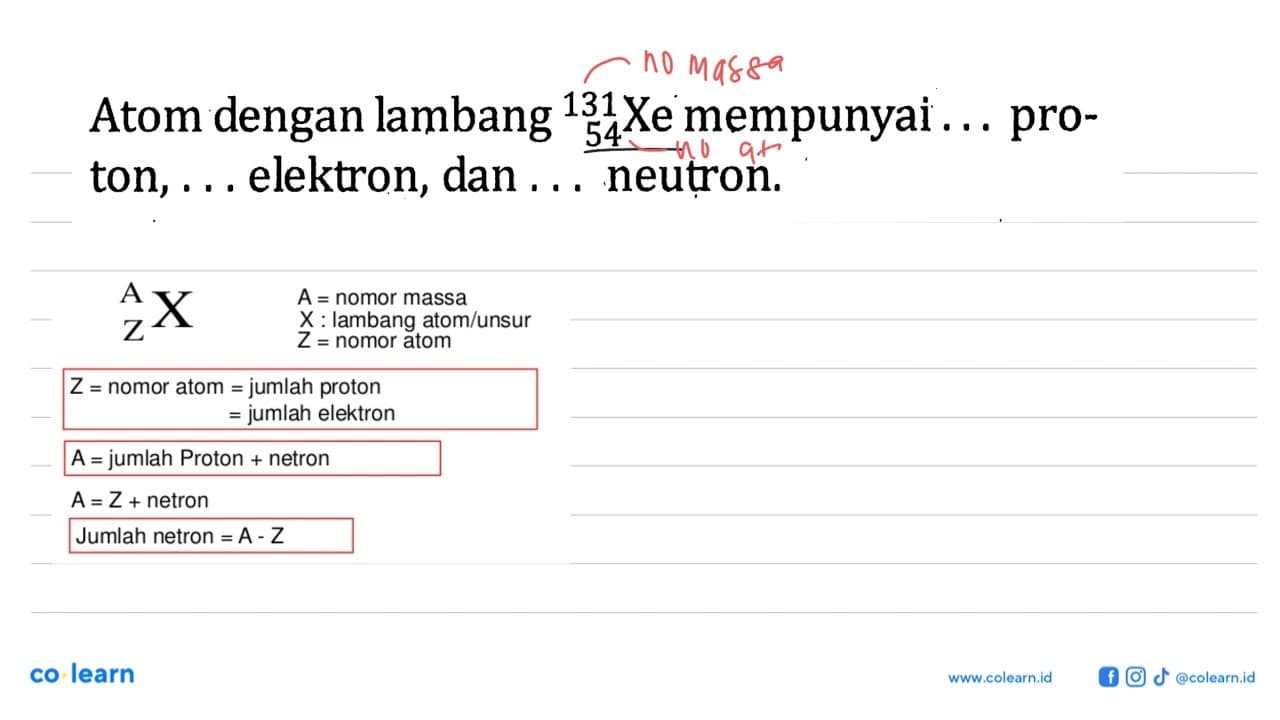 Atom dengan lambang 54^131 Xe mempunyai ... proton, ...