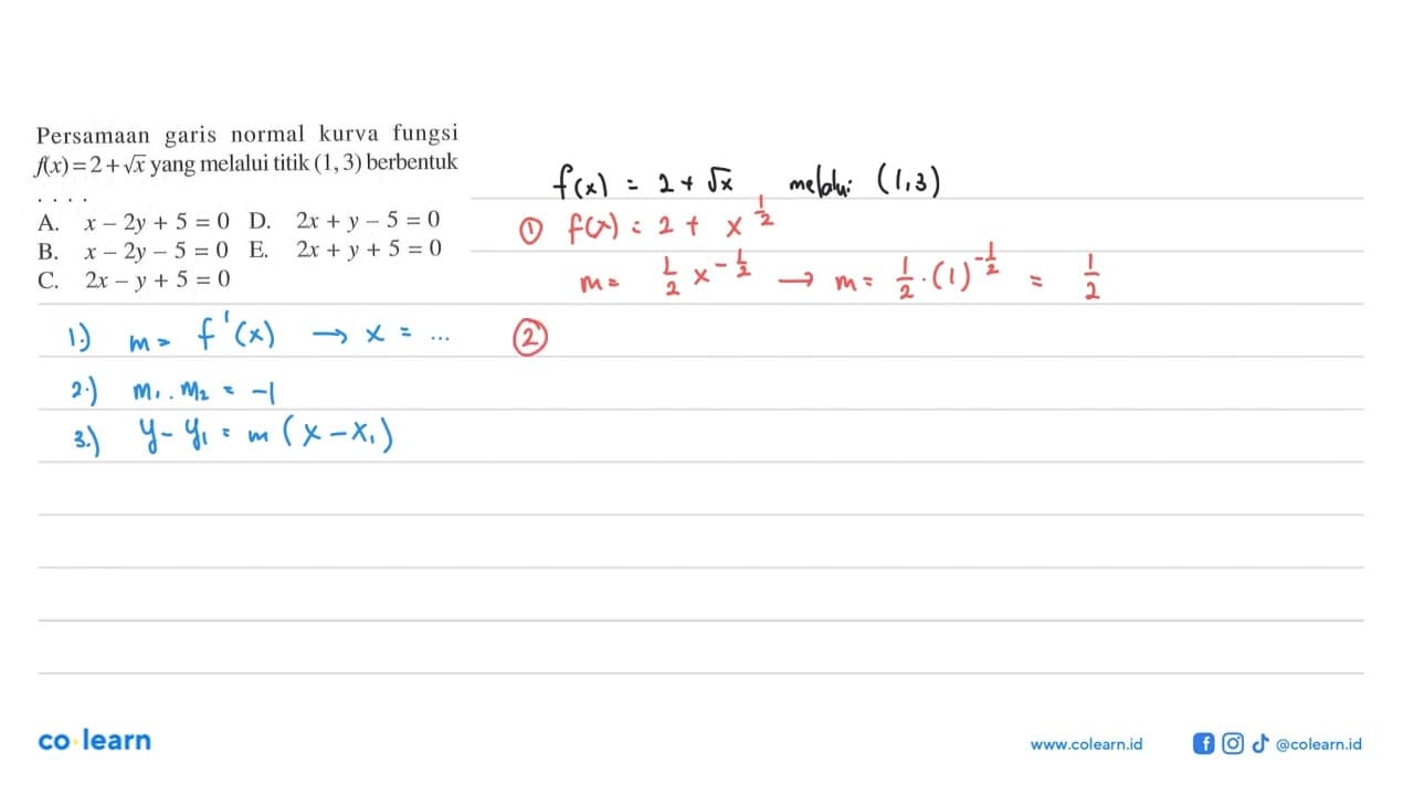 Persamaan garis normal kurva fungsi f(x) = 2 + akar(x) yang