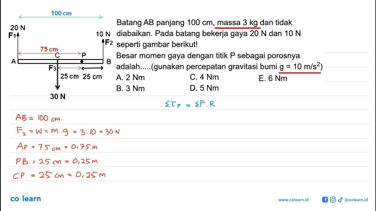 Batang AB panjang 100 cm, massa 3 kg dan tidak 20 N