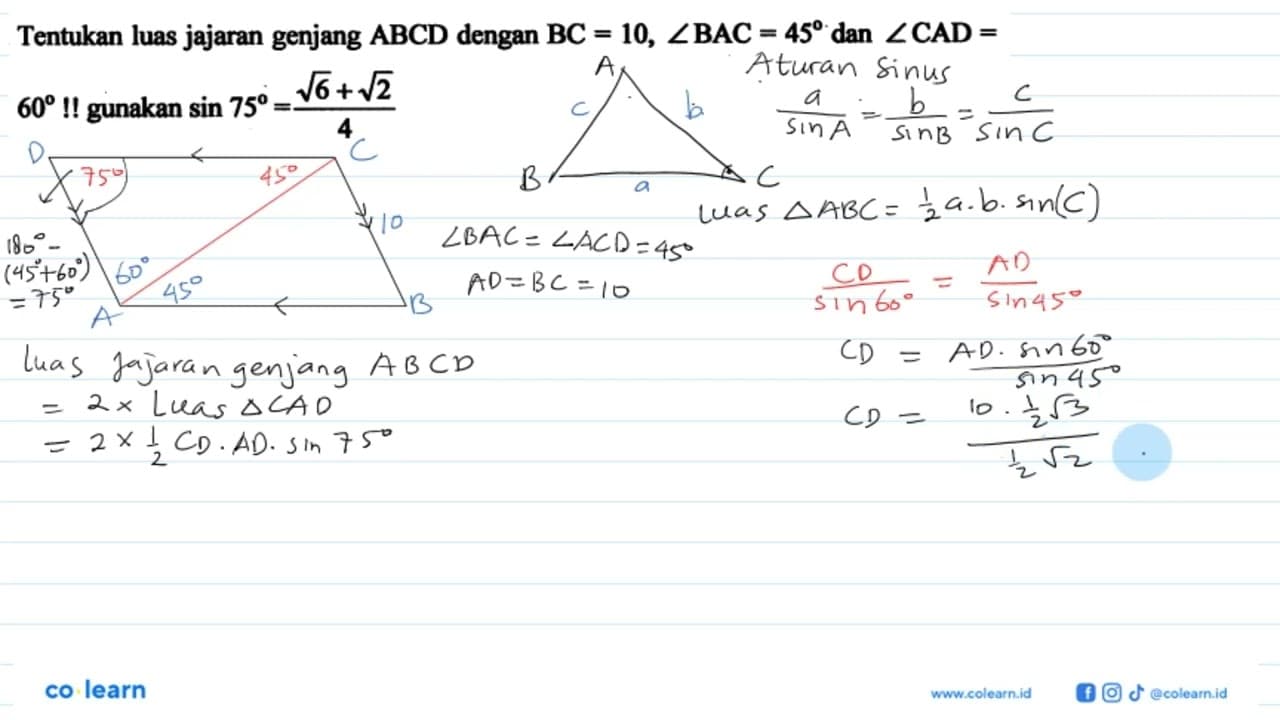 Tentukan luas jajaran genjang ABCD dengan BC=10, sudut