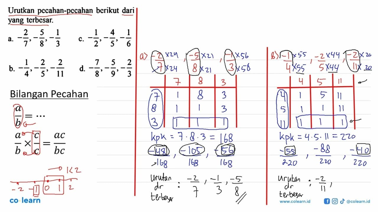 Urutkan pecahan-pecahan berikut dari yang terbesar. a.