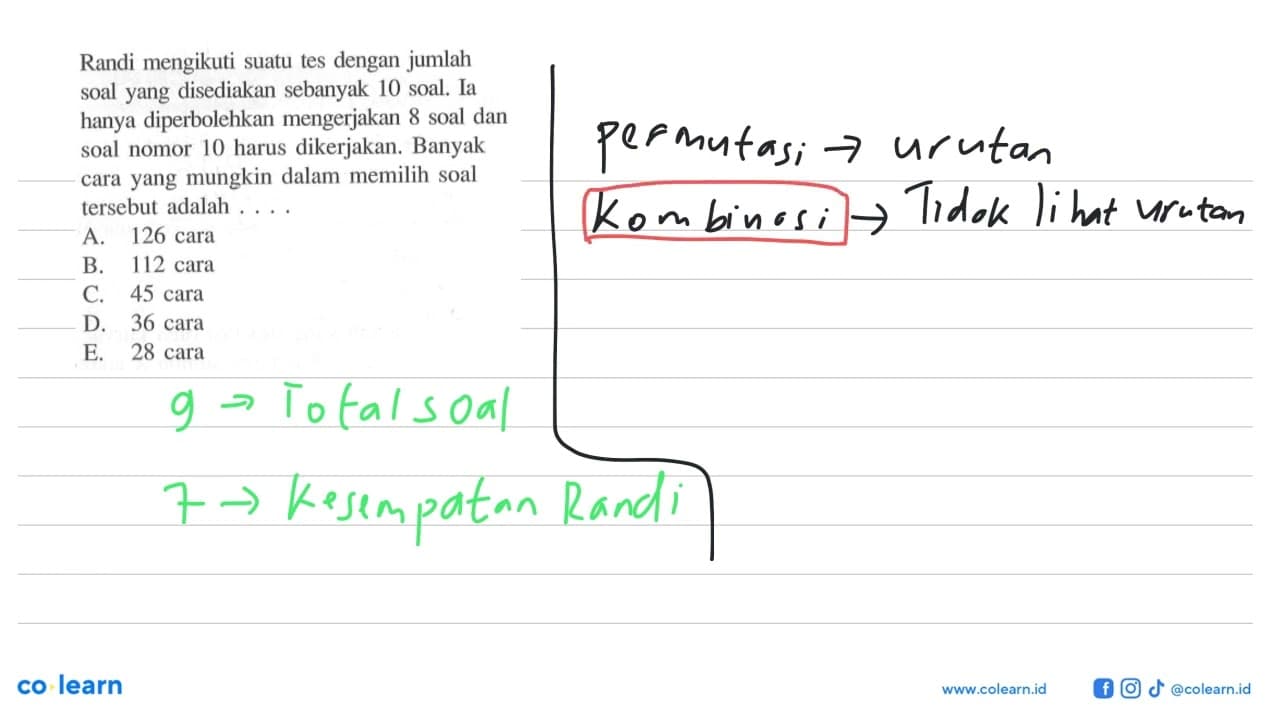 Randi mengikuti suatu tes dengan jumlah soal yang