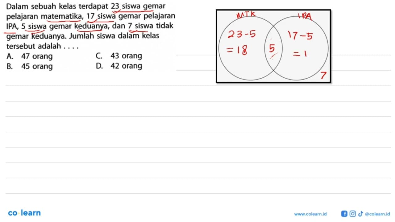 Dalam sebuah kelas terdapat 23 siswa gemar pelajaran