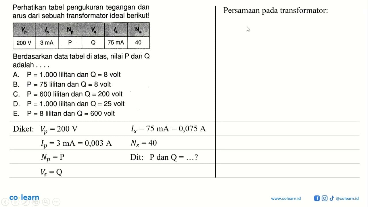 Perhatikan tabel pengukuran tegangan dan arus dari sebuah