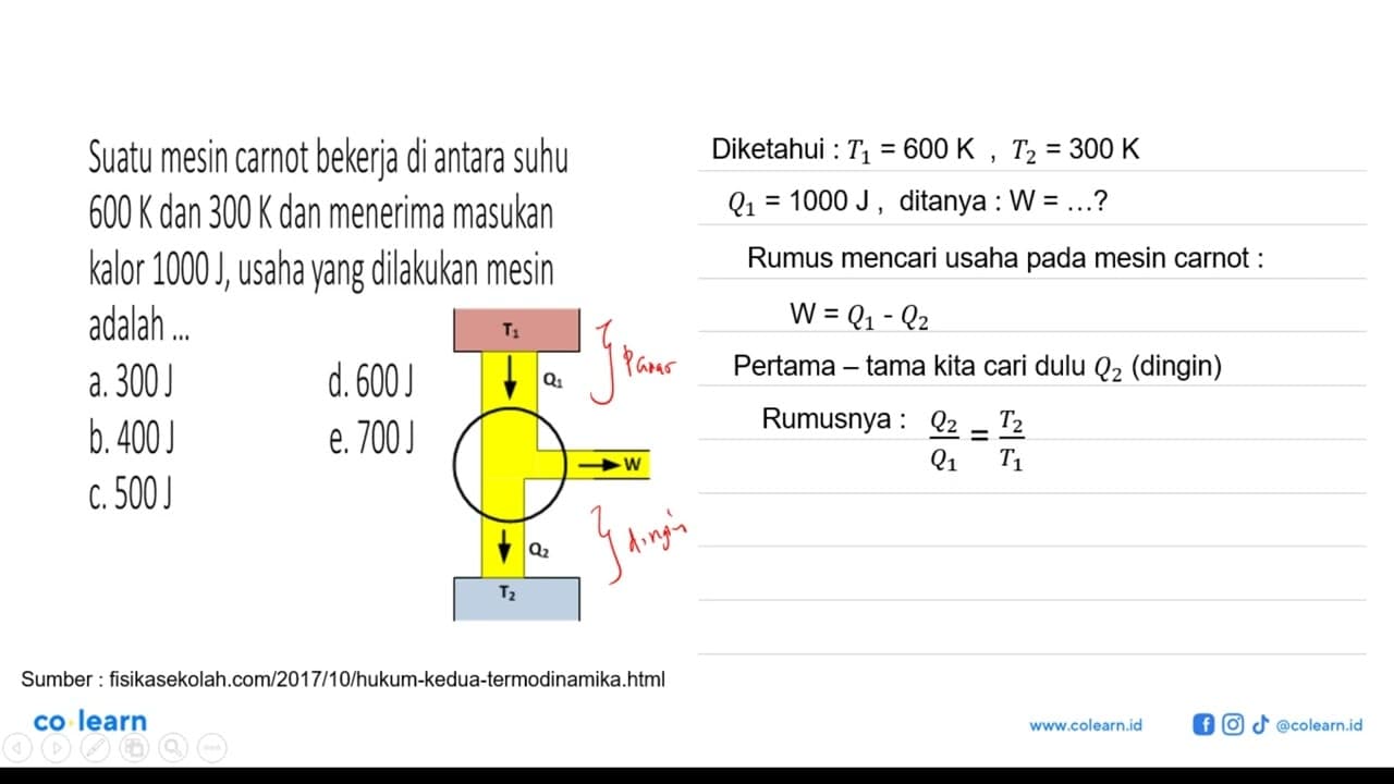 Suatu mesin Carnot bekerja di antara suhu 600 K dan 300 K