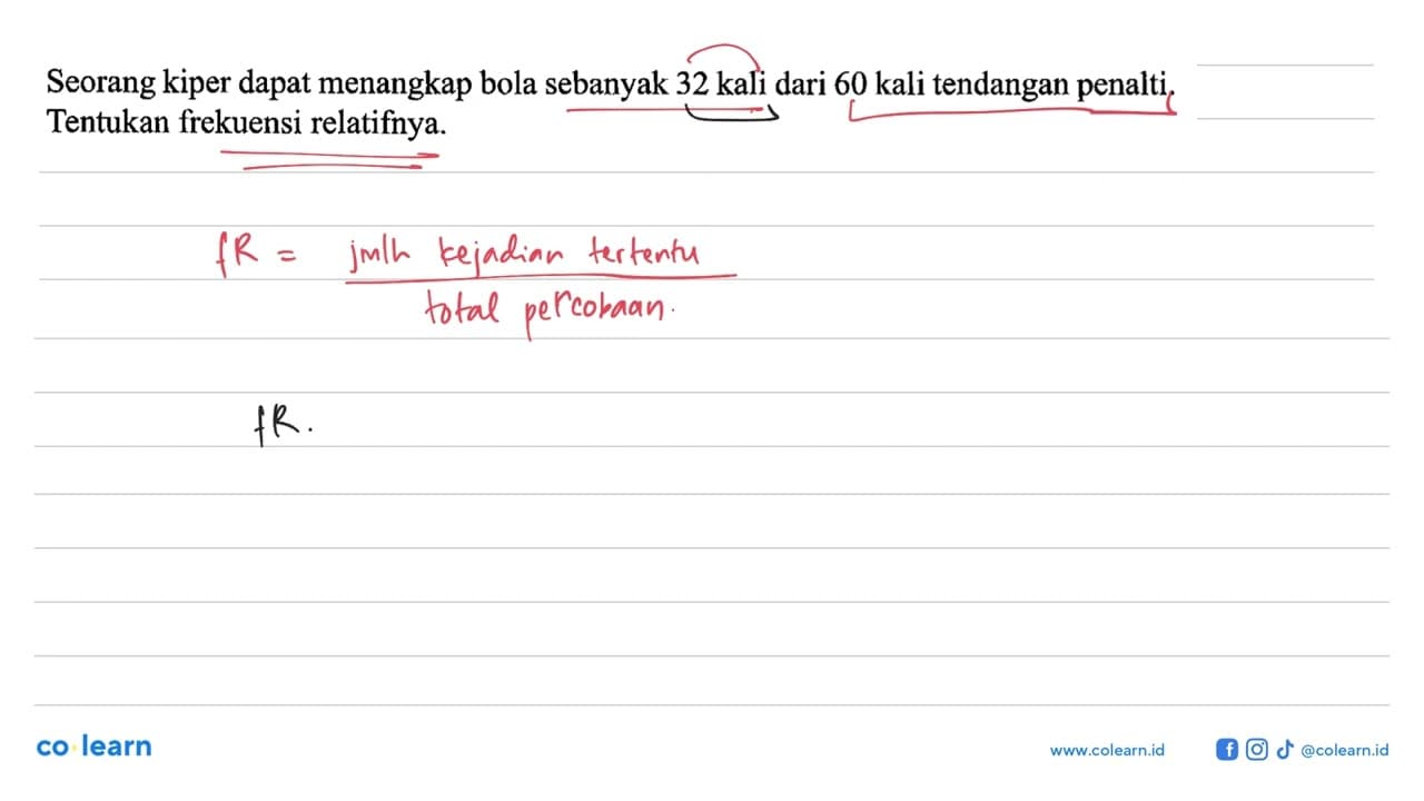 Seorang kiper dapat menangkap bola sebanyak 32 kali dari 60