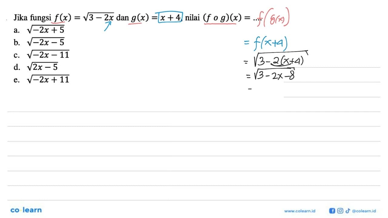 Jika fungsi f(x)=akar(3)-2x dan g(x)=x+4, nilai