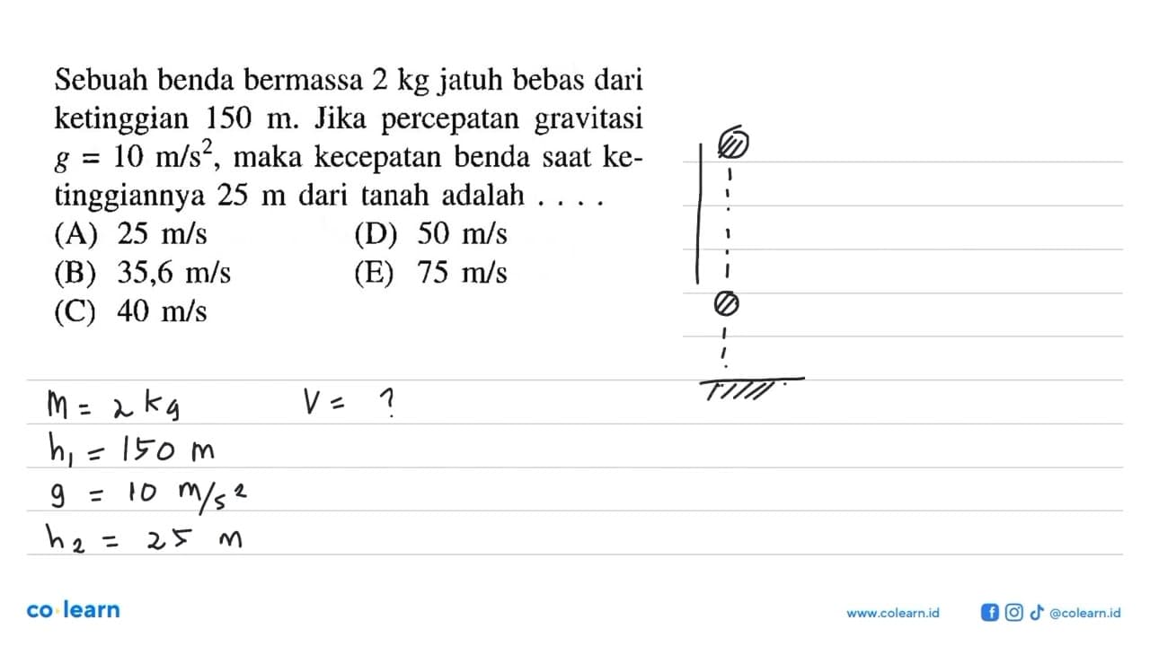 Sebuah benda bermassa 2 kg jatuh bebas dari ketinggian 150