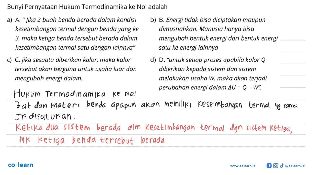 Bunyi Pernyataan Hukum Termodinamika ke Nol adalah l a) A.