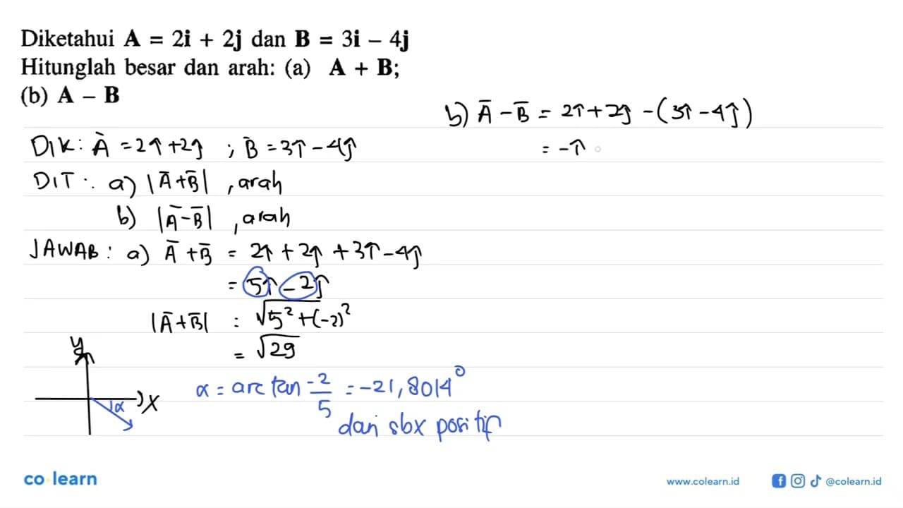 Diketahui A = 2i + 2j dan B = 3i - 4j Hitunglah besar dan