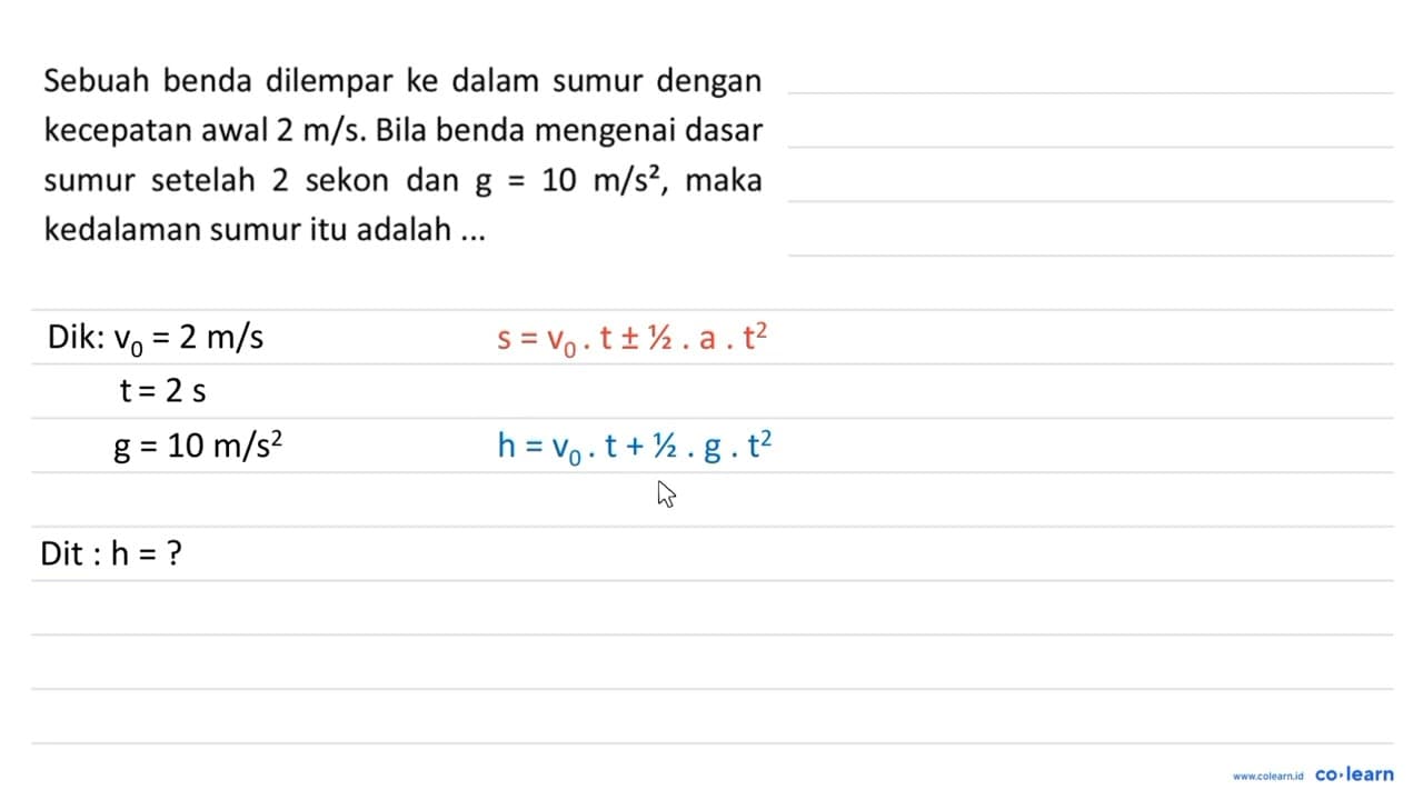 Sebuah benda dilempar ke dalam sumur dengan kecepatan awal