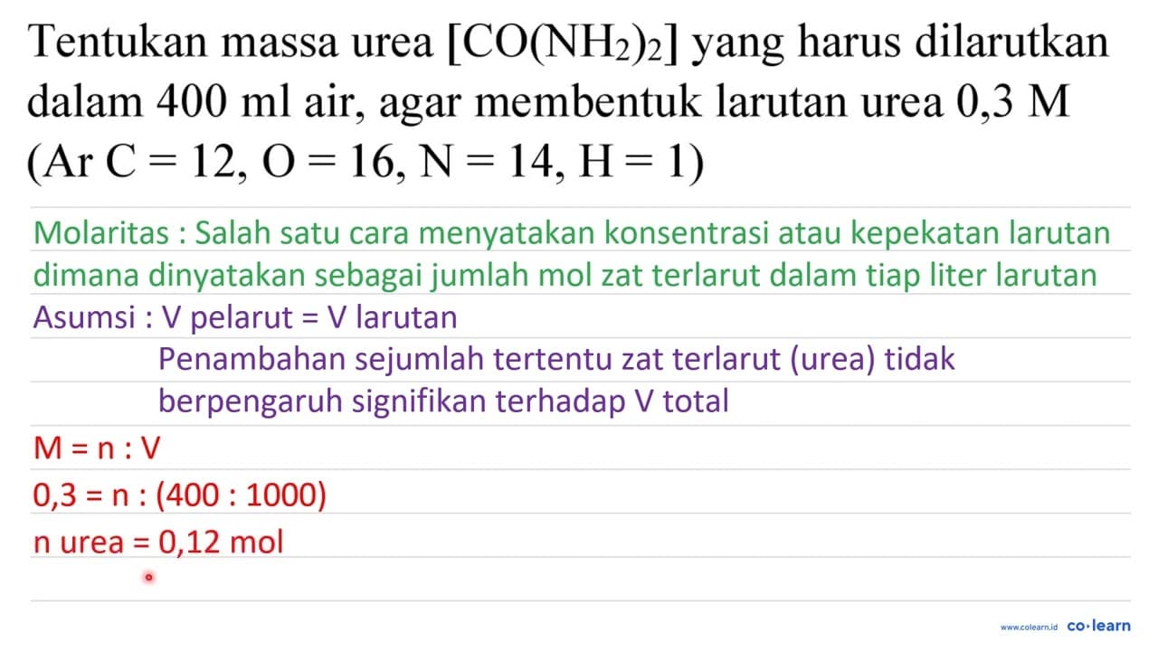 Tentukan massa urea [CO(NH_(2))_(2)] yang harus dilarutkan