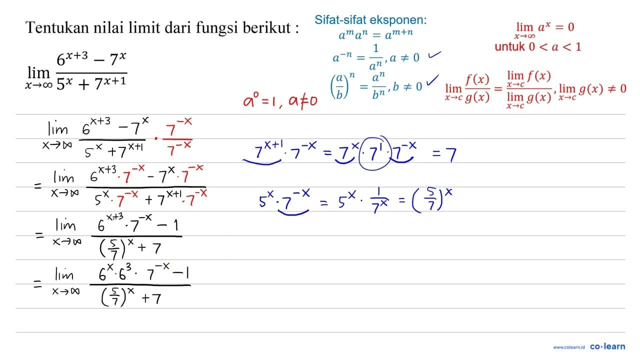 Tentukan nilai limit dari fungsi berikut: lim _(x -> tak