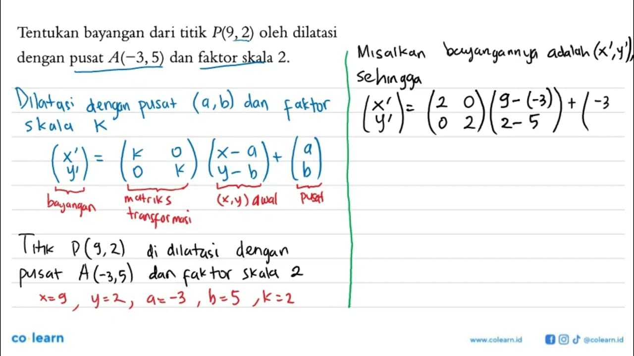 Tentukan bayangan dari titik P(9, 2) oleh dilatasi dengan