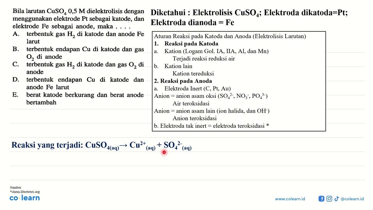Bila larutan CuSO4 0,5 M dielektrolisis dengan menggunakan